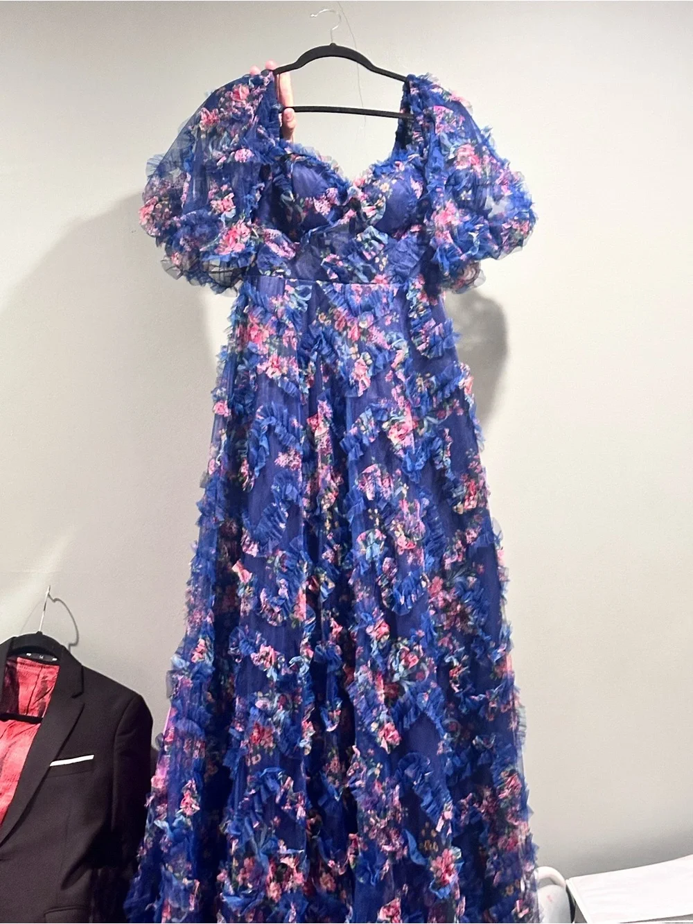 Navy Floral Lace-Up Girls' Formal Dress with Puff Sleeves